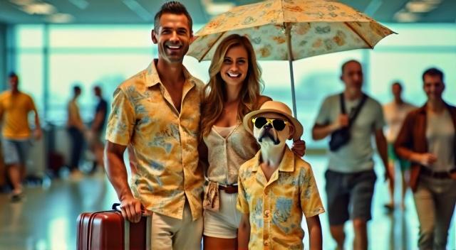 father mother son and pug at the airport wearing beach outfit