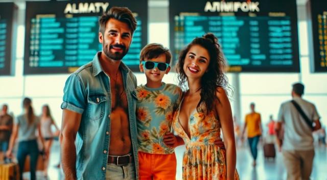 Asian family from Kazakhstan (father mother son and pug) at the airport wearing beach outfit