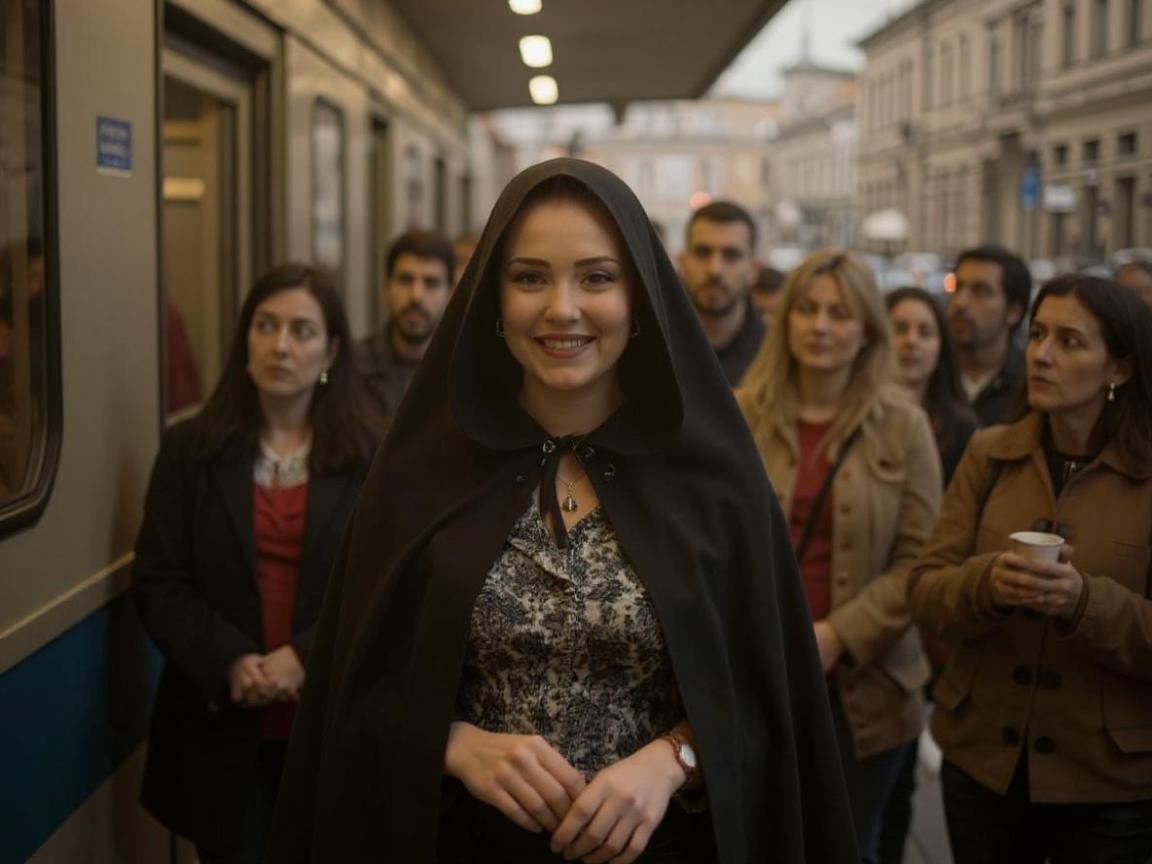 we keep the same composition, but let the girl be in a closed cloak and with a joyful face, and the crowd around her looks at her admiringly.
