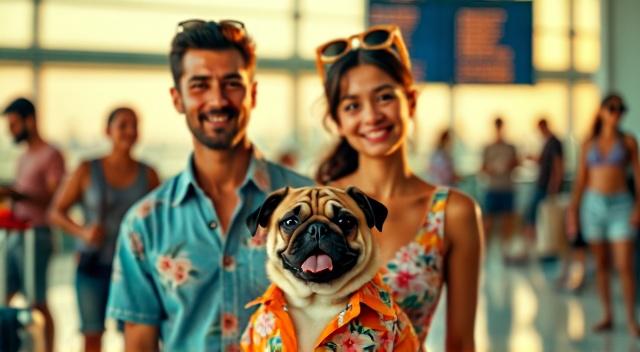 Asian family from Kazakhstan (father mother son and pug) at the airport wearing beach outfit