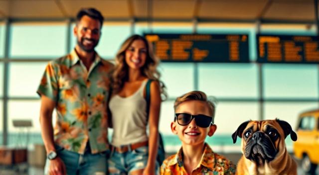 father mother son and pug at the airport wearing beach outfit