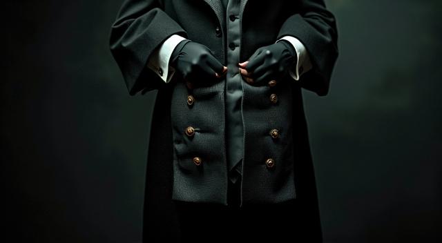 Man in costume buttoning button. Background black loft