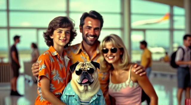 father mother son and pug at the airport wearing beach outfit