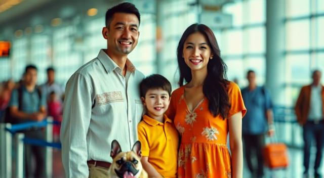 Asian family from Kazakhstan (father mother son and pug) at the airport wearing beach outfit