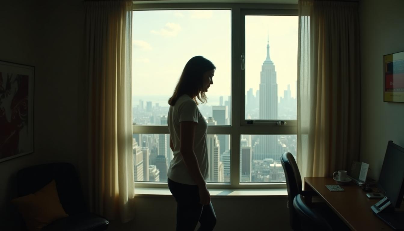 Scene 2: Emily stands up from her desk and walks to the window. The camera follows her movement, capturing her silhouette against the morning light streaming through the curtains. She looks out at the bustling city below, her expression a mix of hope and fear. The sound of distant traffic and birds chirping can be heard.