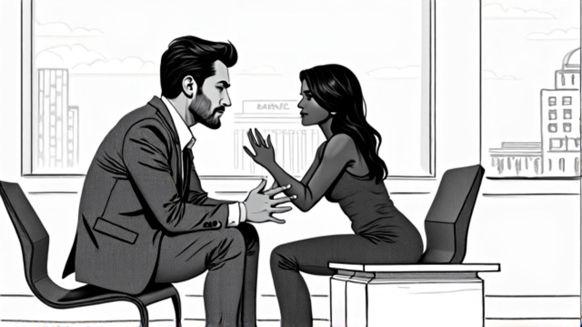 couple in a bank office, storyboard sketch style