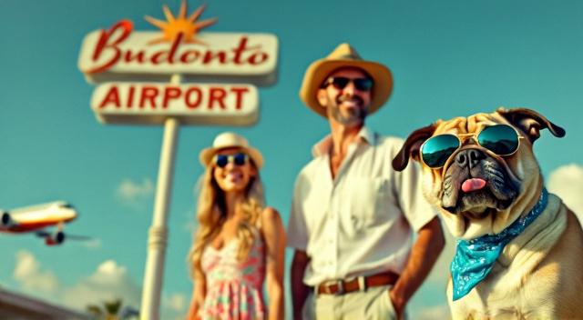father mother son and pug at the airport wearing beach outfit