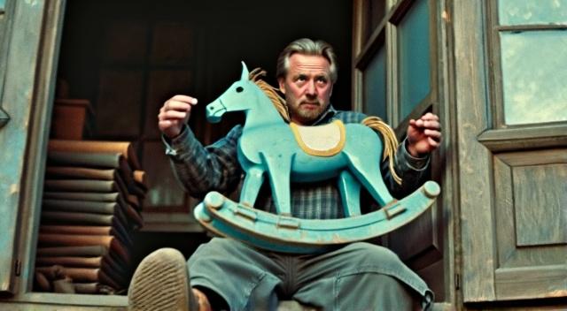 Old unnecessary things fell out of the pantry on the balcony to the men's feet, and a blue wooden rocking horse fell to his right foot.
