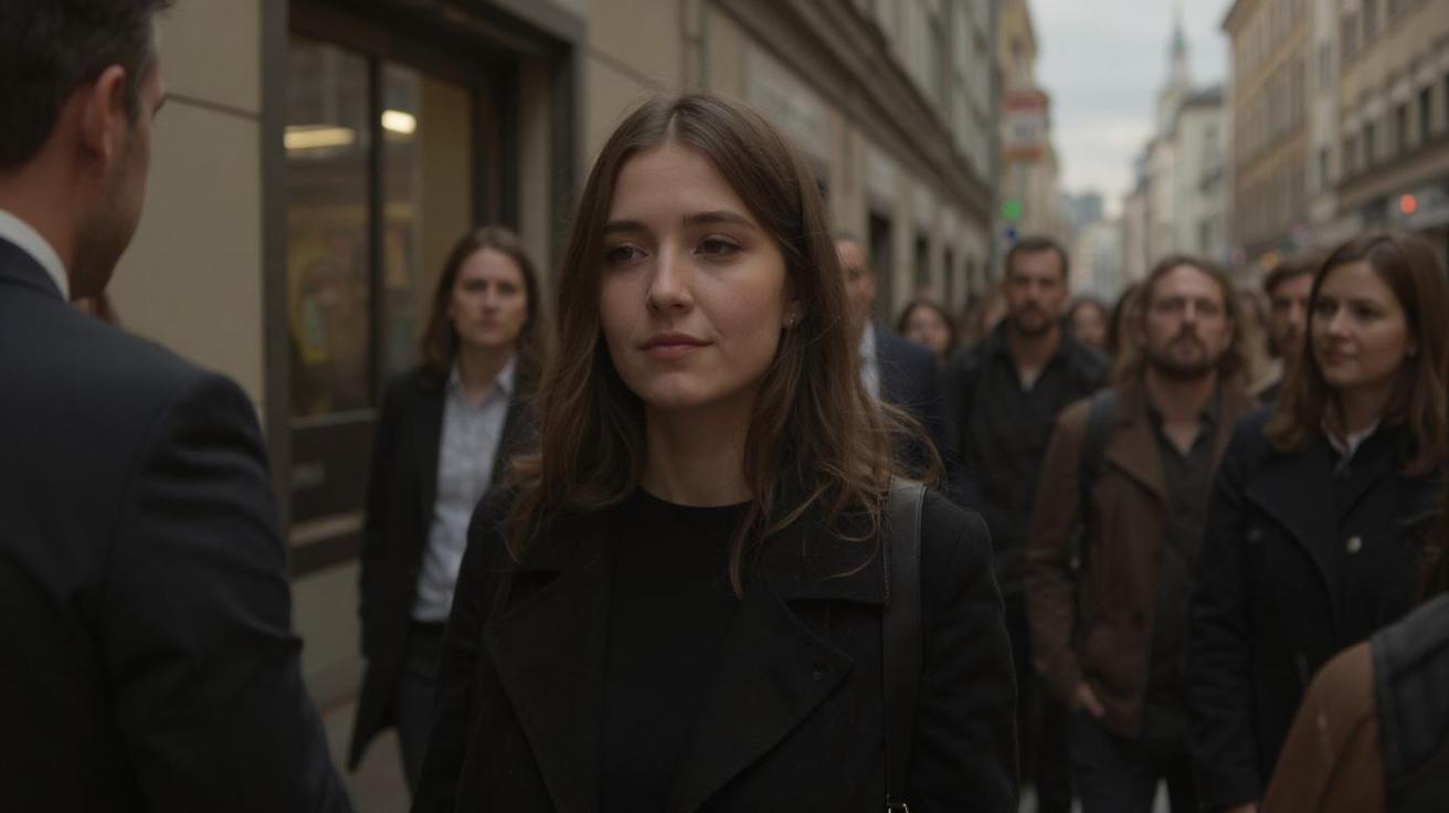 draw me a girl getting off the subway in Moscow - there are a lot of people around her and everyone is looking at her admiringly. style — photorealism in the spirit of VOGUE