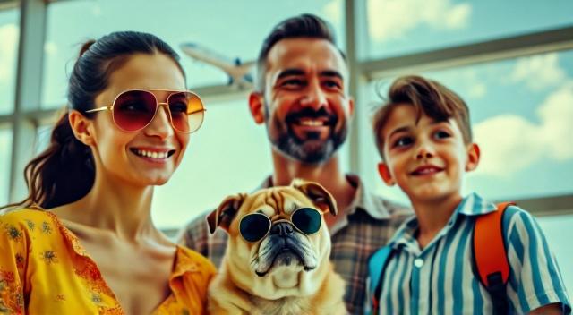 kazakh father mother son and pug at the airport wearing beach outfit