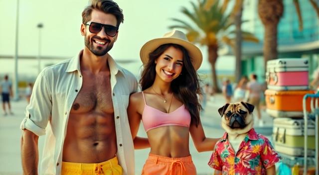Asian family from Kazakhstan (father mother son and pug) at the airport wearing beach outfit
