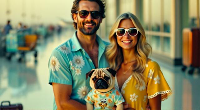 father mother son and pug at the airport wearing beach outfit