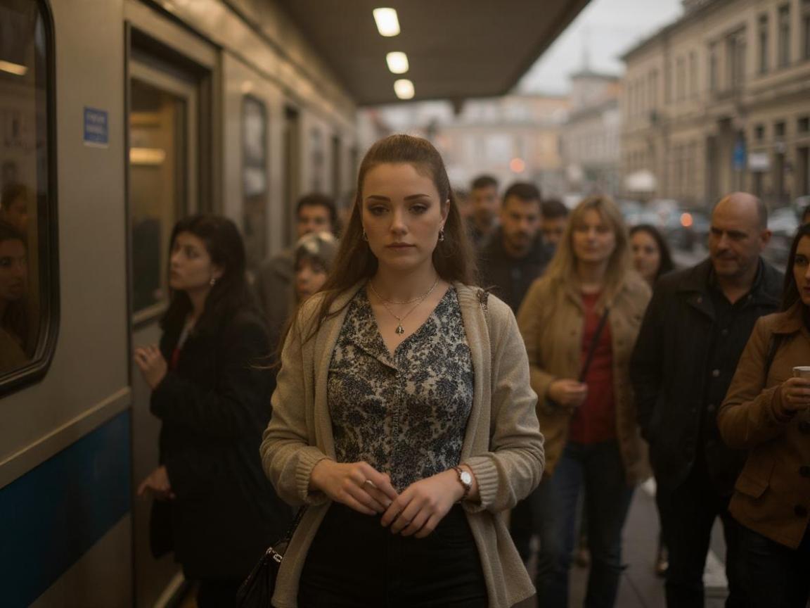 draw me a girl getting off the subway in Moscow - there are a lot of people around her and everyone is looking at her admiringly. style — photorealism in the spirit of VOGUE