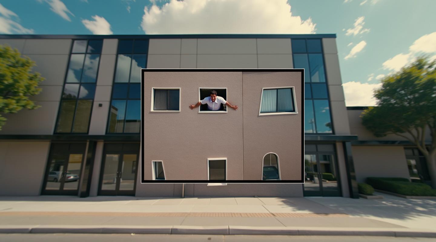 a wide long shot of A big strong man hanging out of the window of an office block on a sunny day comedy tone in the style of the office