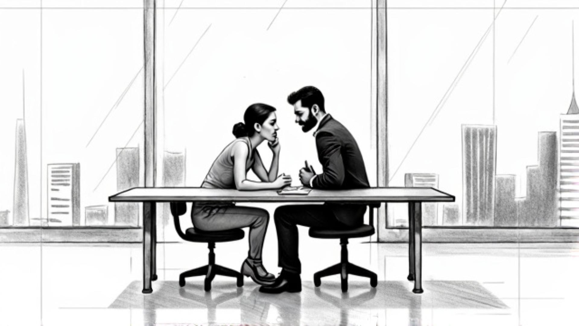 couple in a bank office, storyboard sketch style