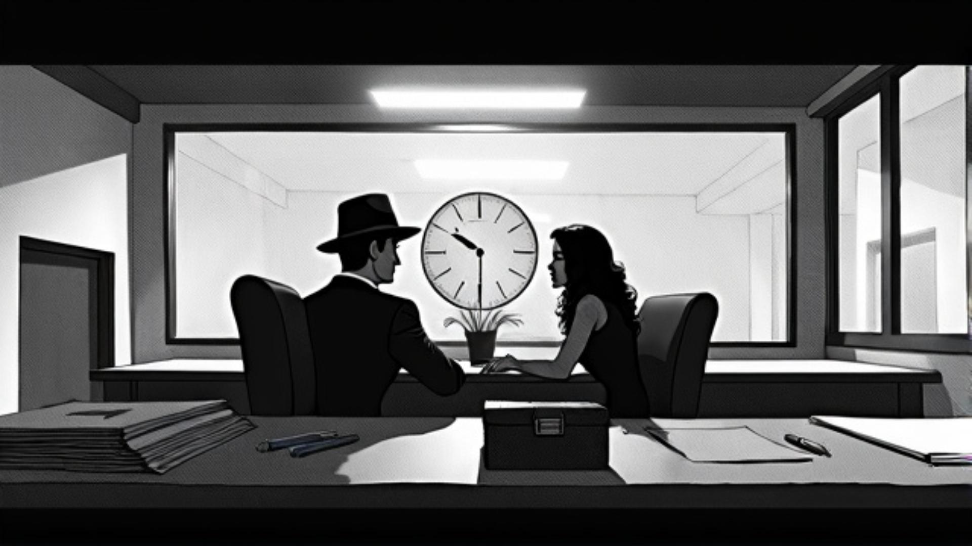 couple in a bank office, storyboard sketch style