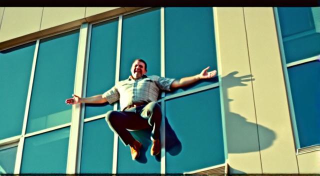 a wide long shot of A big strong man hanging out of the window of an office block on a sunny day comedy tone in the style of the office