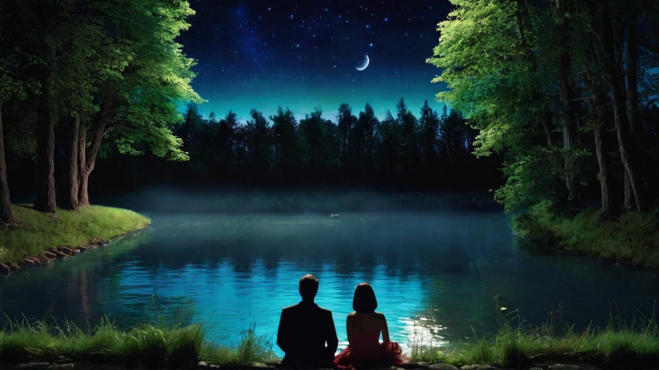 night landscape river forest, The couple in love lies on the river bank, in far away the wall of matt glass, computer simulation