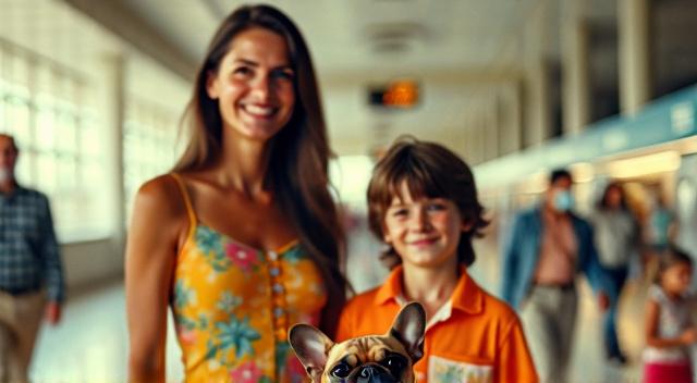 Family from Kazakhstan (father mother son and pug) at the airport wearing beach outfit
