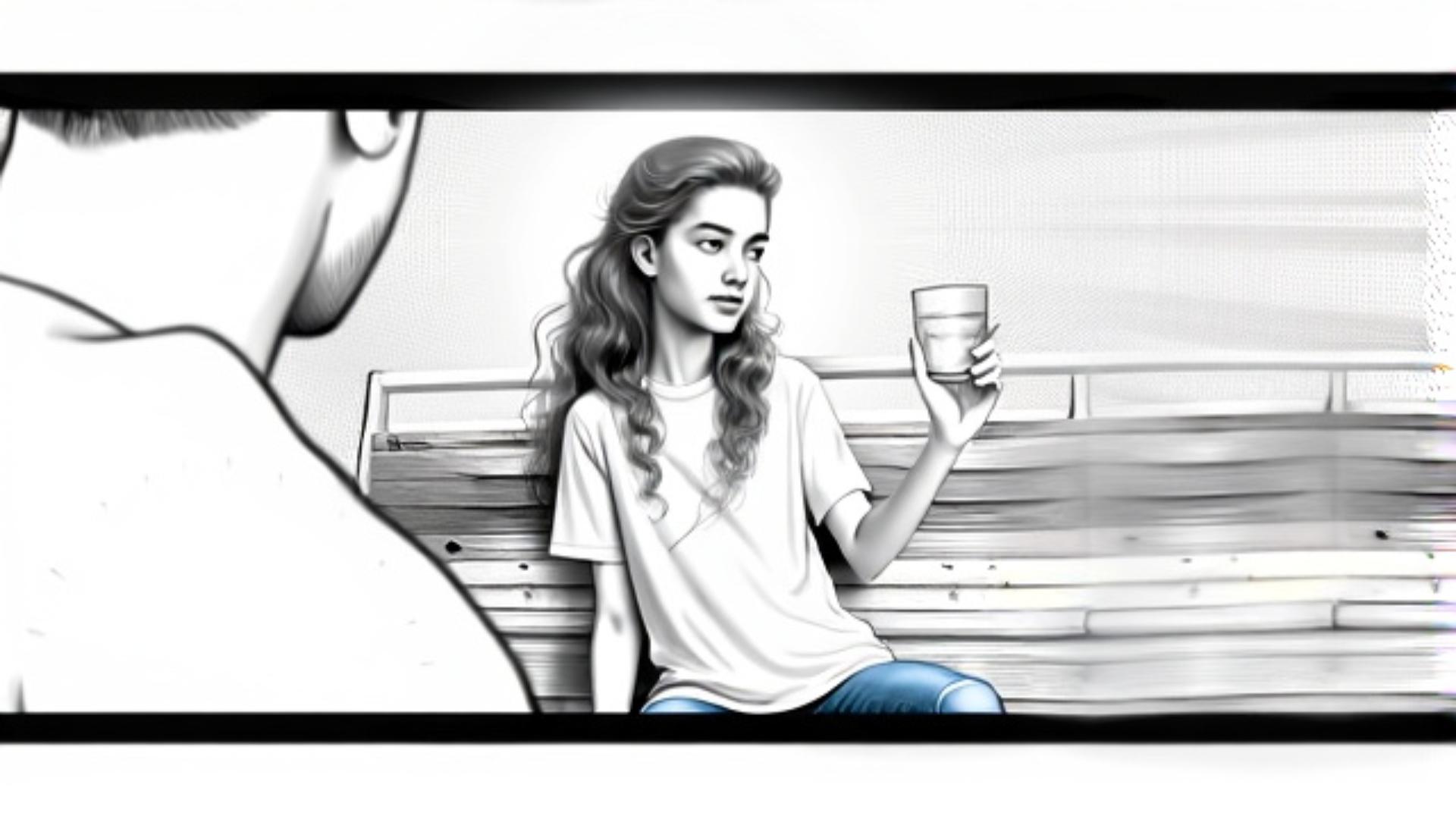 girl drinking water in front of the man storyboard style