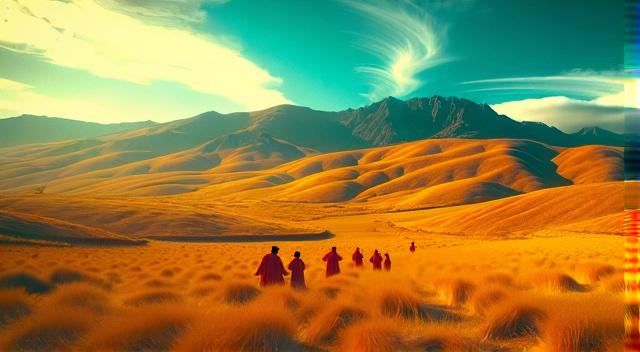 Landscape with people in red clothes