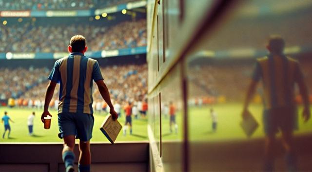 at soccer game stadium realistic a man is holding beers walking to his place at the stadium, the crowd is jumping for a goal infront of the man and he can't see the stadium, realistic