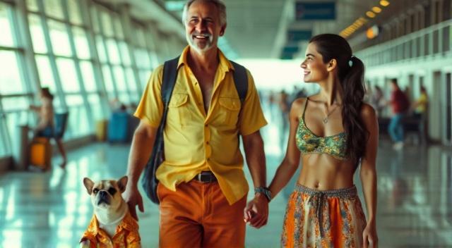 Asian family from Kazakhstan (father mother son and pug) at the airport wearing beach outfit