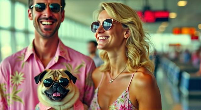 father mother son and pug at the airport wearing beach outfit