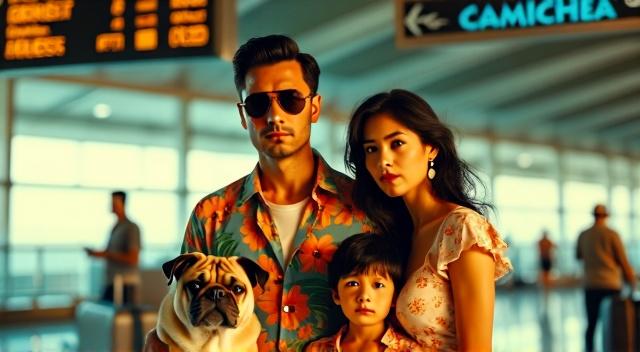 Asian family from Kazakhstan (father mother son and pug) at the airport wearing beach outfit