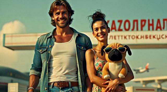 Asian family from Kazakhstan (father mother son and pug) at the airport wearing beach outfit