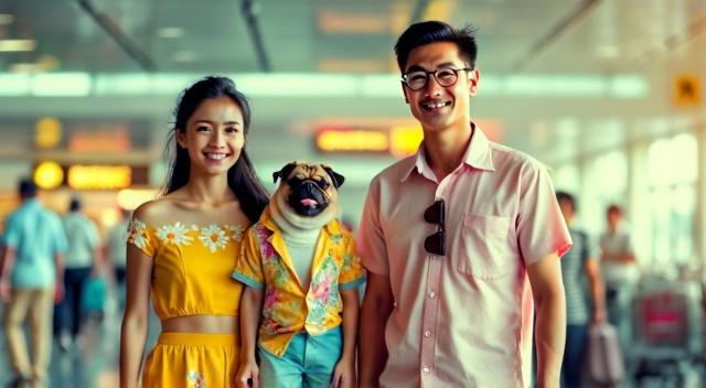 Asian family from Kazakhstan (father mother son and pug) at the airport wearing beach outfit