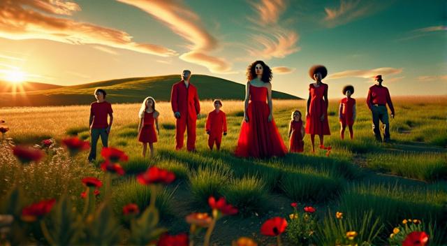 Landscape with people in red clothes