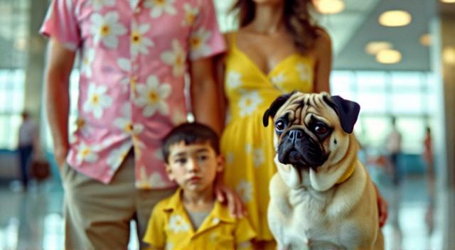 kazakh father mother son and pug at the airport wearing beach outfit