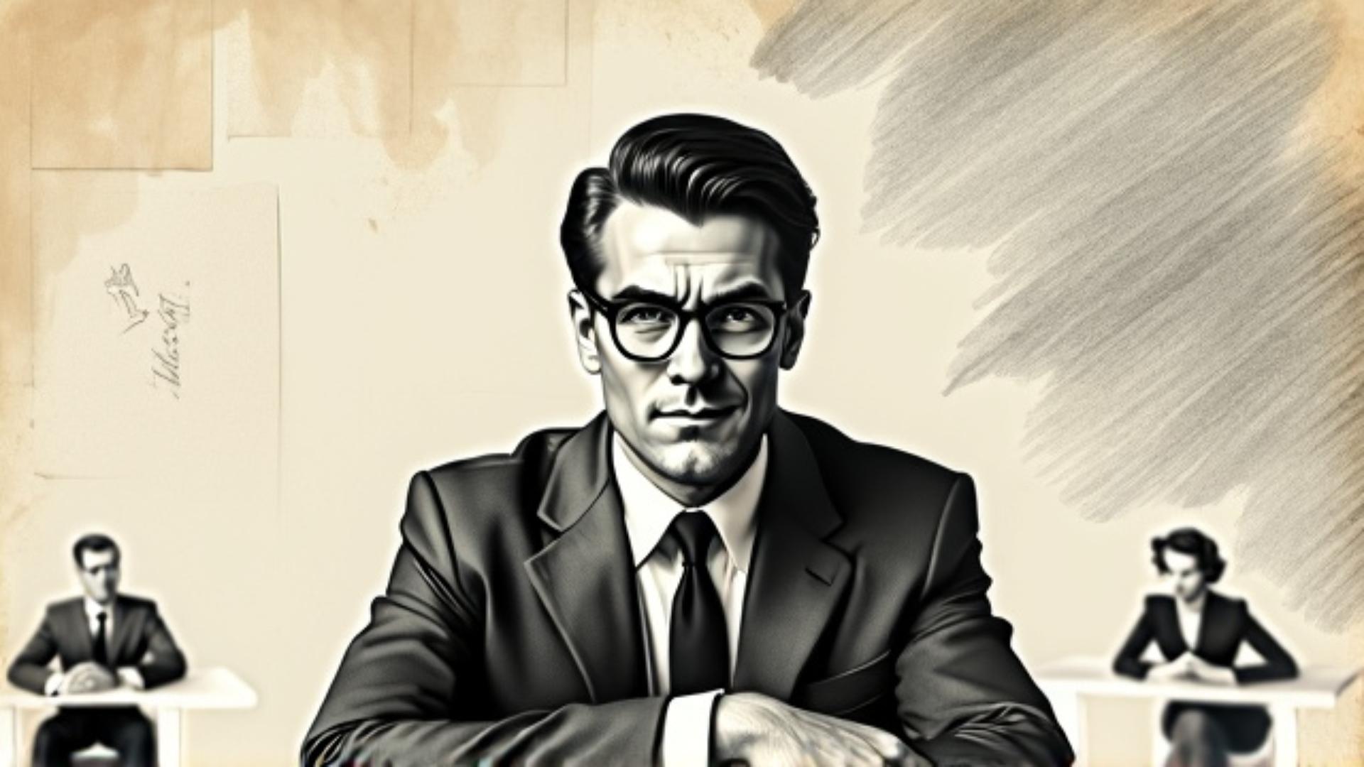 couple in a bank office in front of handsome manager in glasses, storyboard sketch style