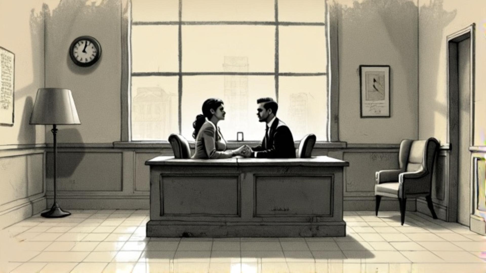 couple in a bank office, storyboard sketch style