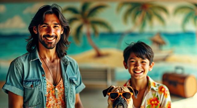Asian family from Kazakhstan (father mother son and pug) at the airport wearing beach outfit
