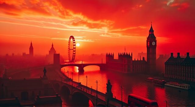 London , in red tones, red colors