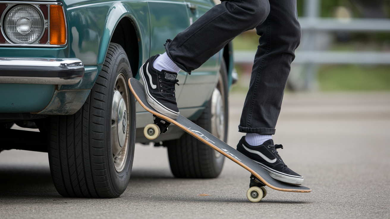 Footwear, Wheel, Sports equipment, Leg, Car, Skateboard, Skateboarder, Tire, Kickflip, Skateboard truck