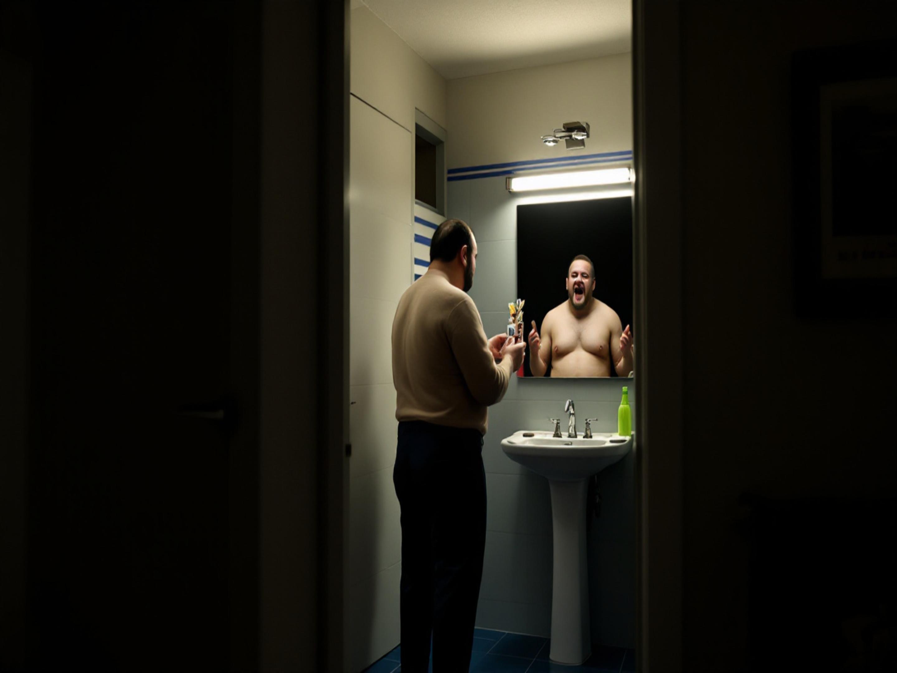 Fixture, Door, Bathroom, Art, Space, Flooring, Event, Darkness, Visual arts, Room, A fat man is standing and he is wearing a white balaclava on his head.