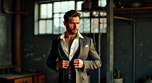 Man in costume buttoning button. Background black loft