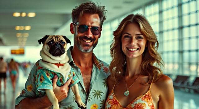 Family from Kazakhstan (father mother son and pug) at the airport wearing beach outfit