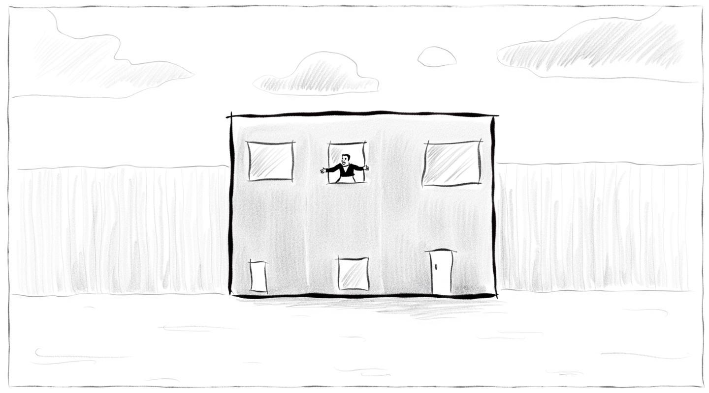 a wide long shot of A big strong man hanging out of the window of an office block on a sunny day comedy tone in the style of the office