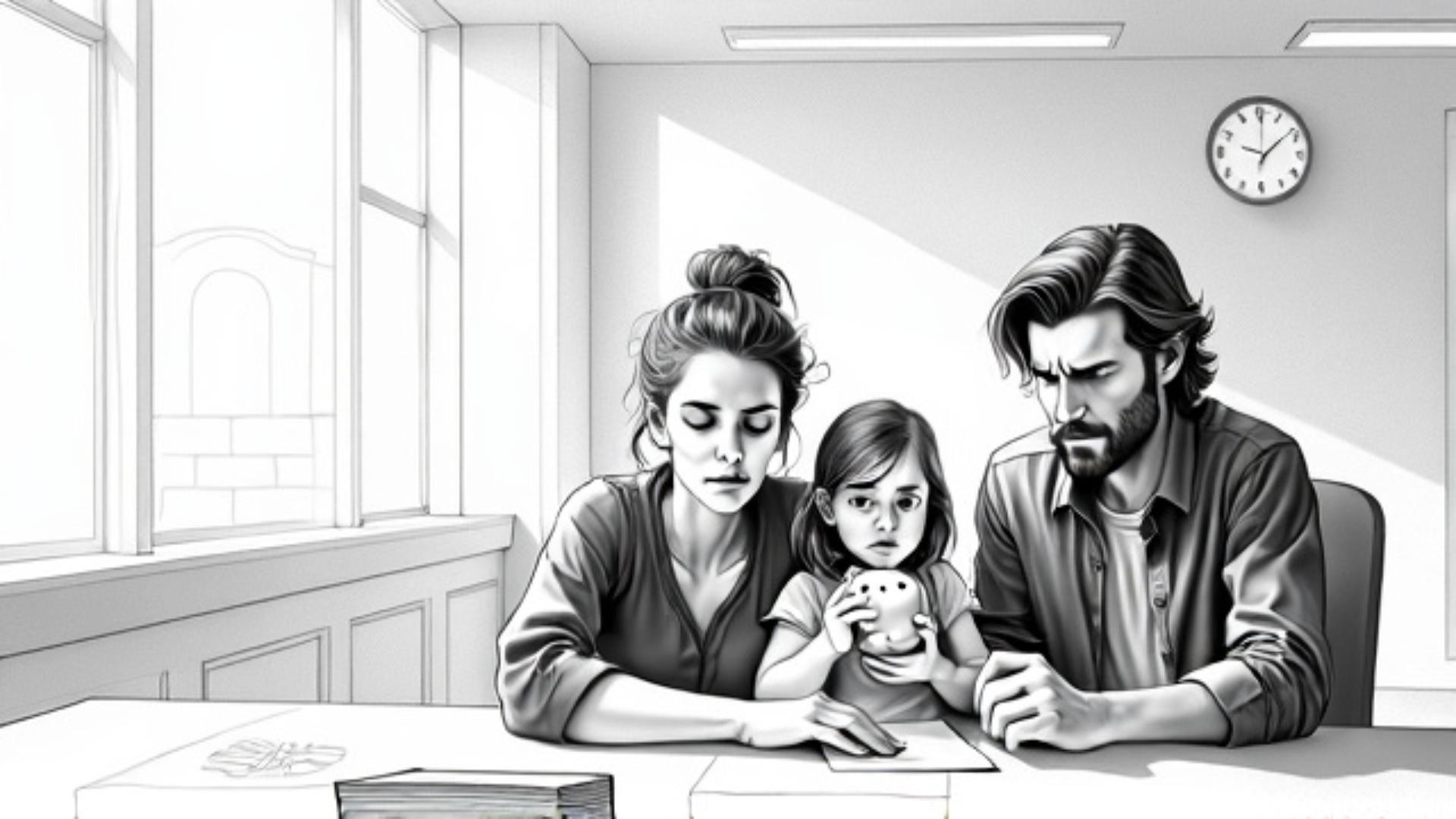young family in a bank office, storyboard sketch style