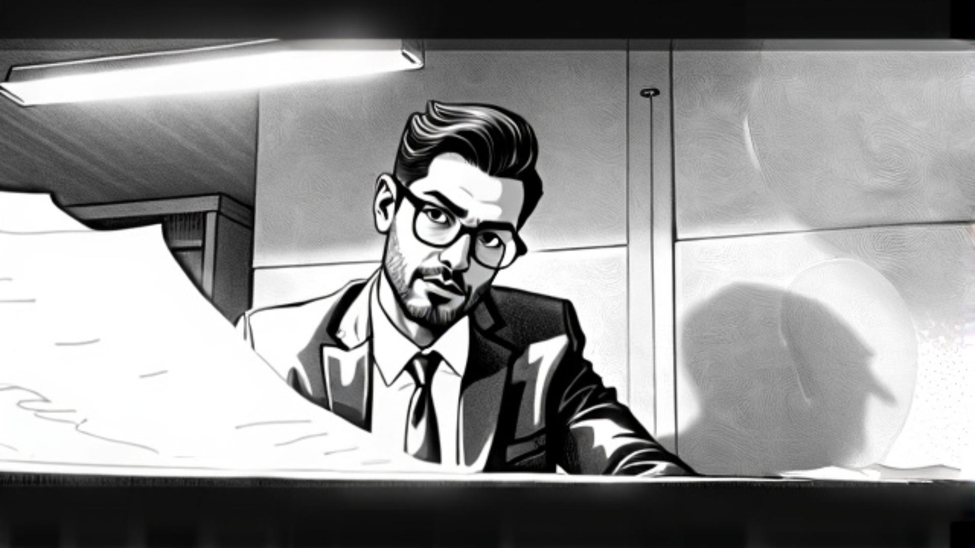 handsome young manager in glasses at bank office, storyboard style raw