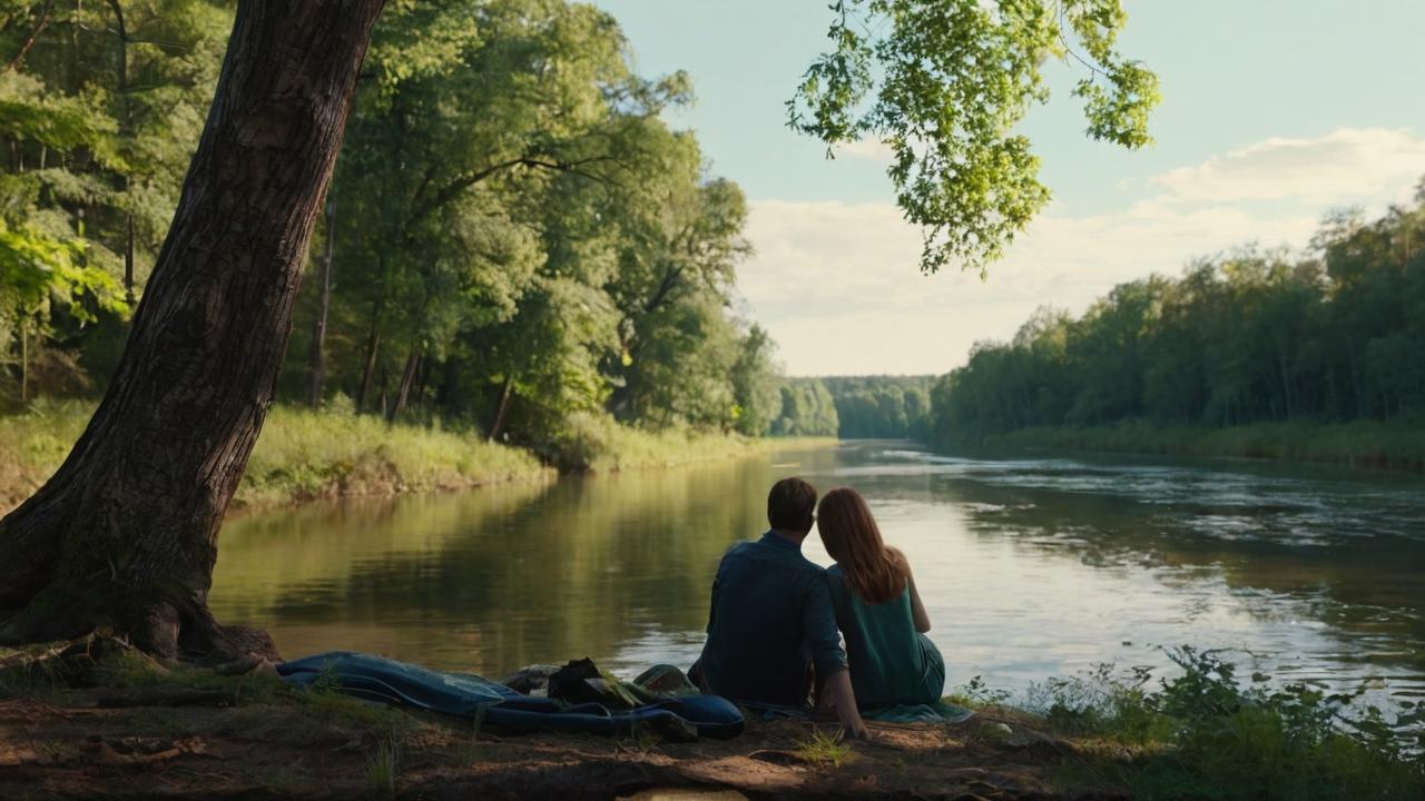 landscape river forest, The couple in love lies on the river bank, in far away the wall of matt glass