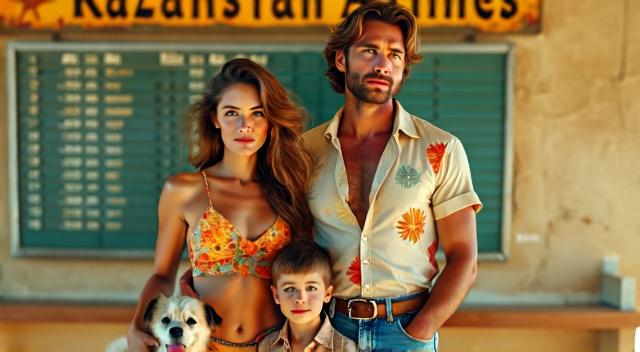 Family from Kazakhstan (father mother son and pug) at the airport wearing beach outfit