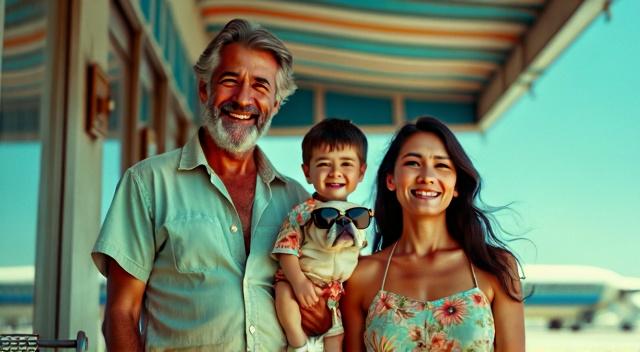 Asian family from Kazakhstan (father mother son and pug) at the airport wearing beach outfit