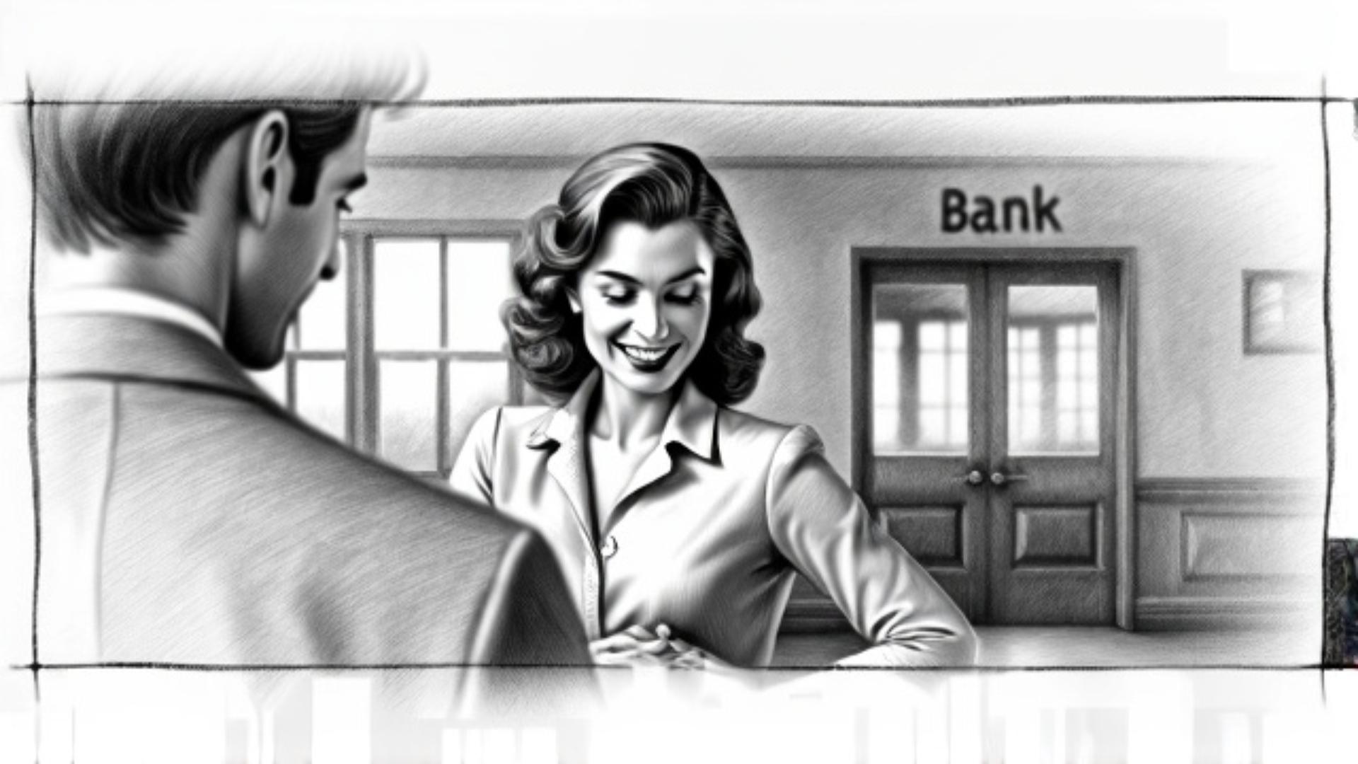 happy woman looking at her man in the bank office, storyboard style