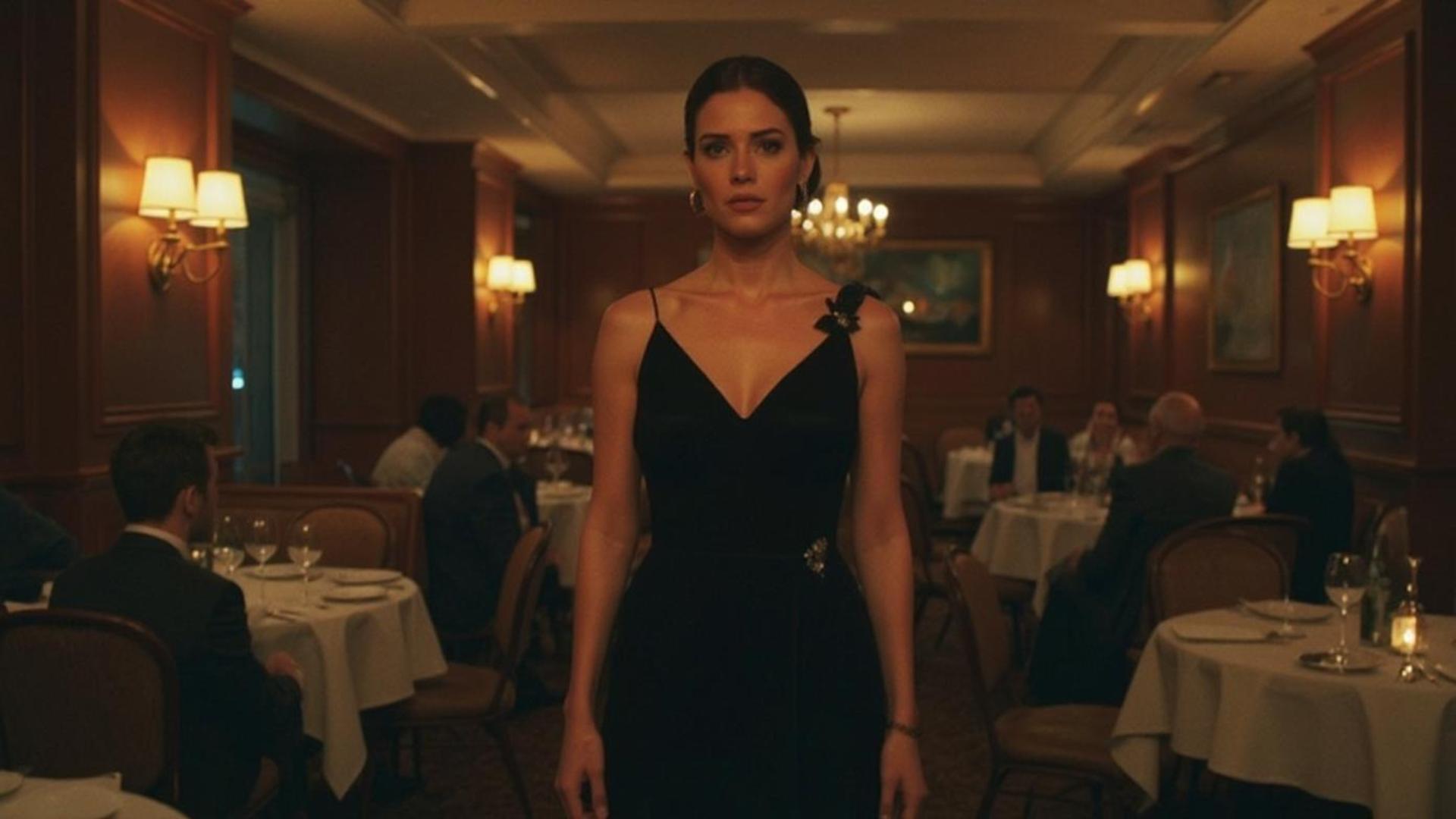 We show the heroine in an evening dress — she enters an expensive restaurant, the audience turns to look at her.