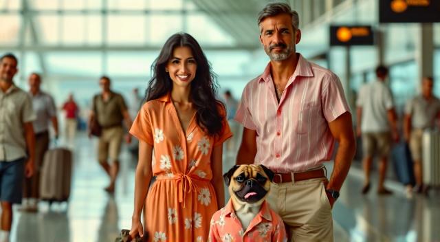 Asian family from Kazakhstan (father mother son and pug) at the airport wearing beach outfit